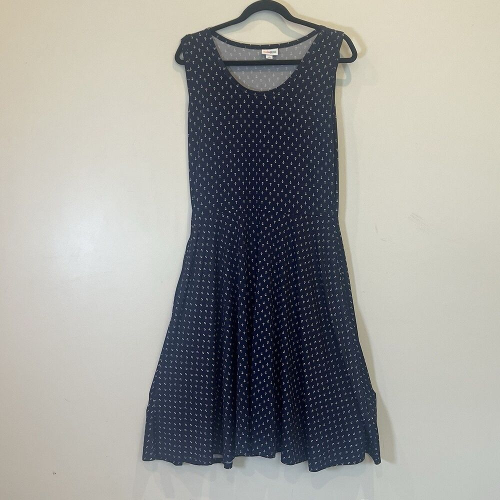 LulaRoe Fit & Flare Dress Sleeveles Pockets Anchors Nautical Stretch Navy Blue L